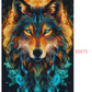 Diamond painting af hovedet af en ulv med turkisblå øjne omgivet af flammer. Layout version.