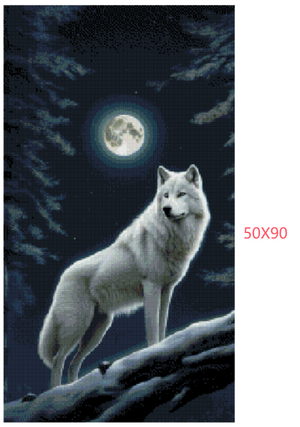 Diamond painting af en hvid ulv i måneskin. Mål: 50X90 cm.