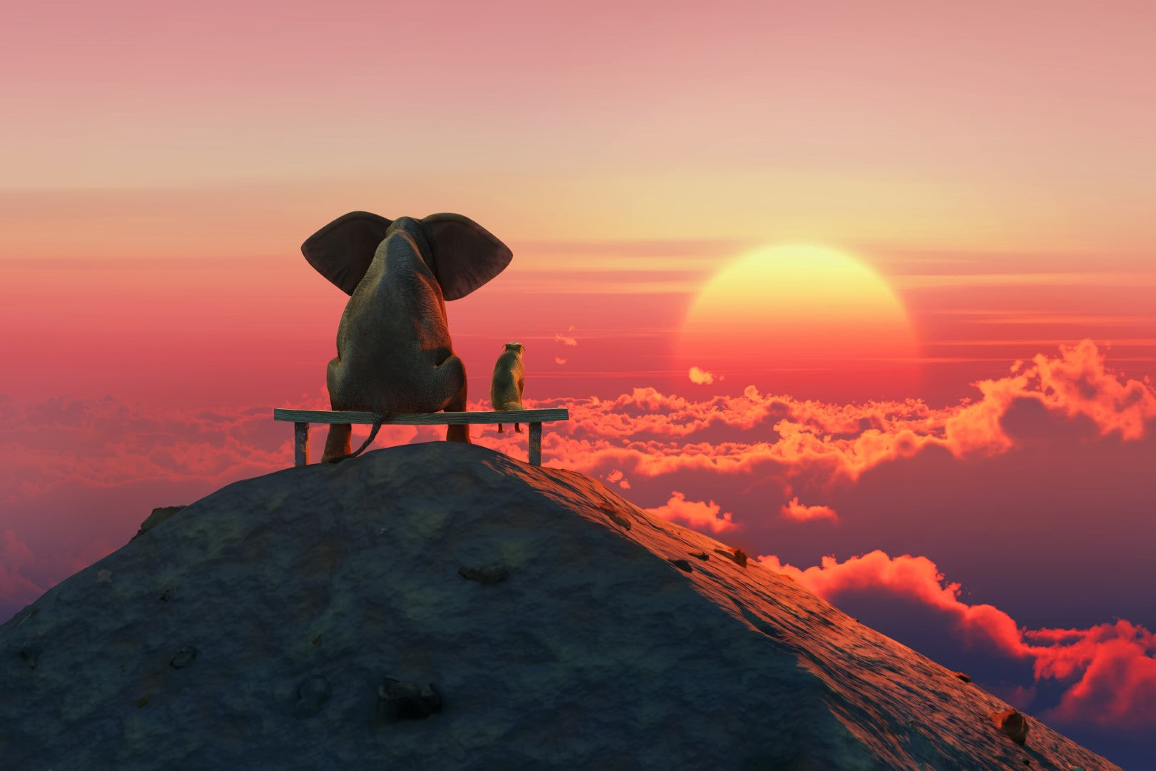 Diamond painting af en elefant og abe, der nyder den orangerøde solnedgang på toppen af et bjerg.