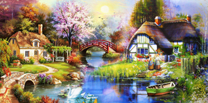 Diamond painting af en lille landsby ved bækken omgivet af skov.