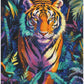 Diamond painting af en tiger i junglen. Farverig og intenst. AB-sten og Fairy Dust perler for ekstra glitter.