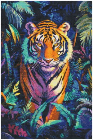 Diamond painting af en tiger i junglen. Farverig og intenst. AB-sten og Fairy Dust perler for ekstra glitter.