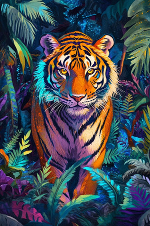 Diamond painting af en tiger i junglen. Farverig og intenst. AB-sten og Fairy Dust perler.