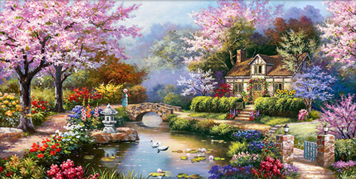 Diamond painting af et lille idyllisk skovhus tæt på sø med stenbro. Lyserøde træer og masser af blomster.