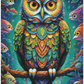 Diamond painting med farverig ugle i et fantasifuldt undervandsunivers. Layoutversion.