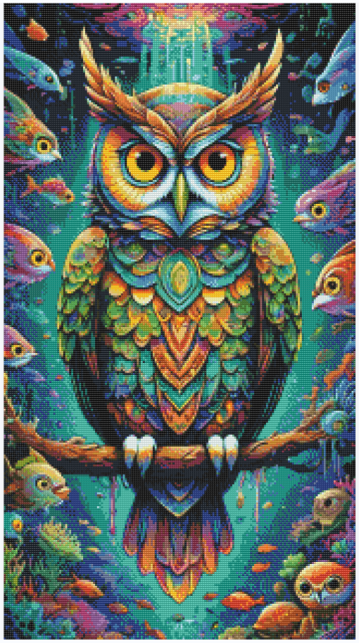 Diamond painting med farverig ugle i et fantasifuldt undervandsunivers. Layoutversion.