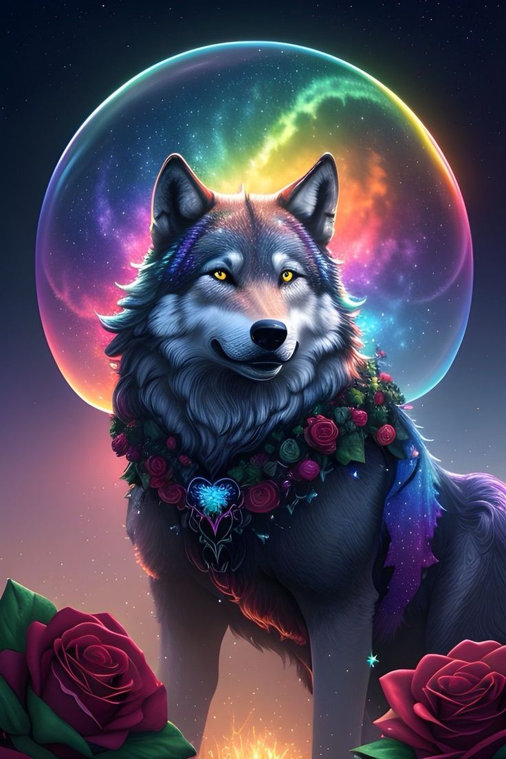 Diamond painting af en ulv med blomsterseletøj omgivet af farverig galakse. AB-sten og Fairy Dust perler.