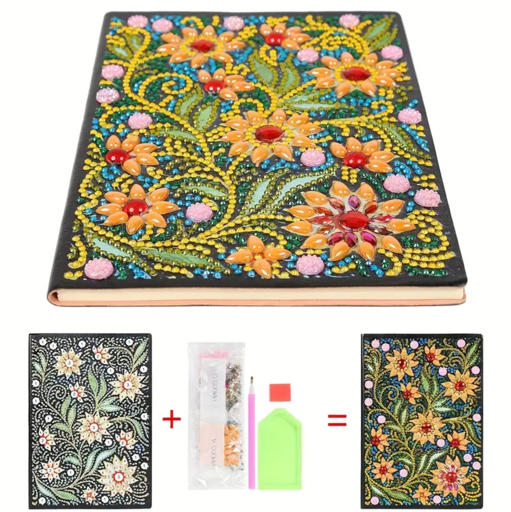 Indhold i diamond painting kit. Notesbog før og efter påsætning af diamanter.