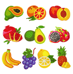 Diamond painting klistermærker med frugt. 10 forskellige frugter i kraftige farver.