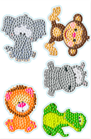 Diamond painting klistermærker med små nuttede dyr: Elefant, krokodille,Løve, Abe og Flodhest.