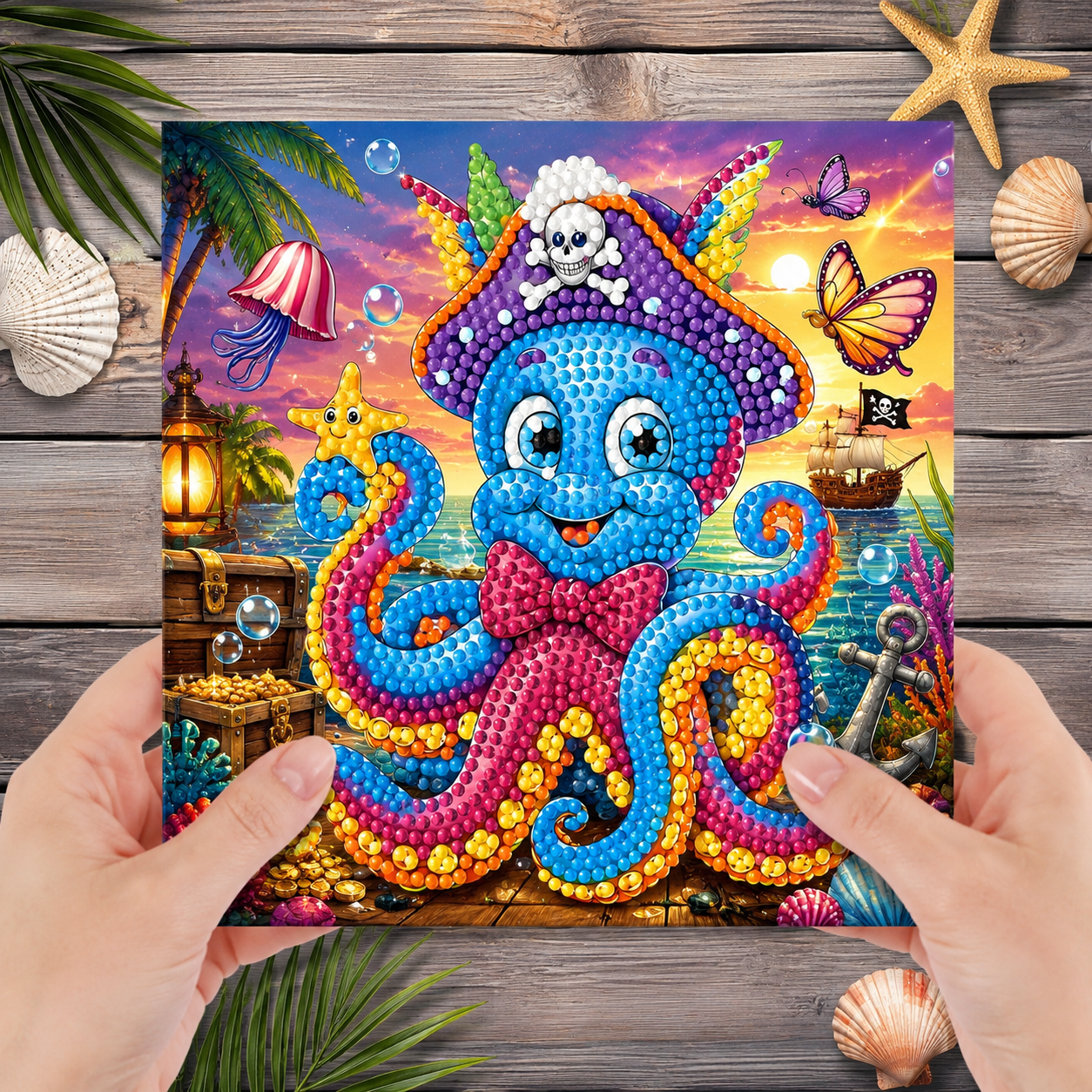 Diamond painting kort med sjove og søde havdyr. Blæksprutte med pirathat omgivet af skattekister og piratskib i baggrunden.