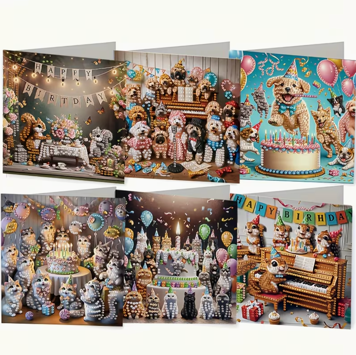 Diamond painting fødselsdagskort med hund og katte. 6 forskellige motiver. Foldbart.