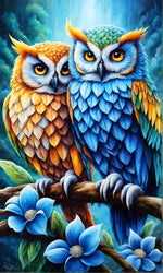 Diamond painting med to ugler på gren. Den ene er blå og den anden er orange. Blomster og skov i baggrunden.