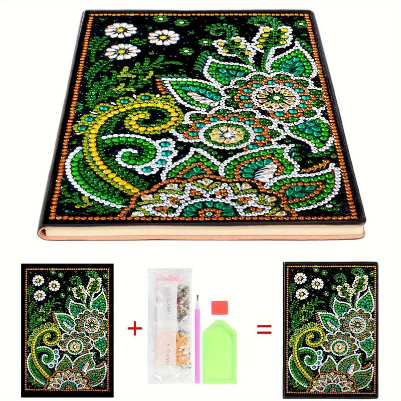 Notesbog med diamond painting. Grønt blomsterornament.