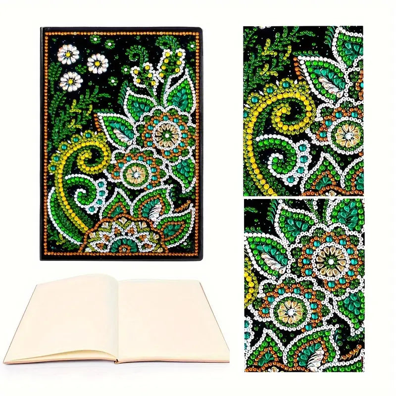 Diamond painting notesbog med blanke sider. Dekoreret med grønne og hvide blomster.