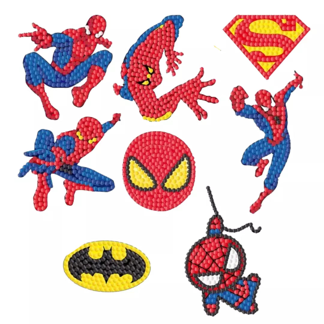 Diamond painting klistermærker med Spiderman samt logoer for Batman og Superman.