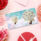 Diamond painting kort med hvid blomsterbuket på blå baggrund.