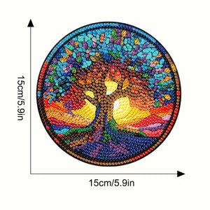 Diamond painting bordskånere. 4 stk med træer. Mål: 15 cm i diameter.