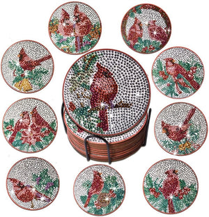 Diamond painting drikkebrikker med røde kardinalfugle. Velegnet til jul.
