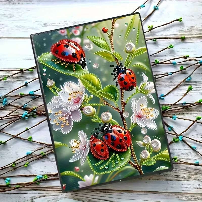 Diamond art notesbog med mariehøns omgivet af blomster.