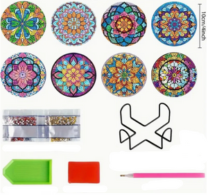 Diamond paint drikkebrikker med farverige mandalamønstre. 8 forskellige med holder.