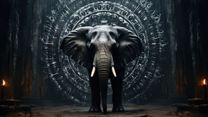 Diamond paint af elefant foran rund tempelport. Mørkegrå nuancer. Måler 45x80 cm
