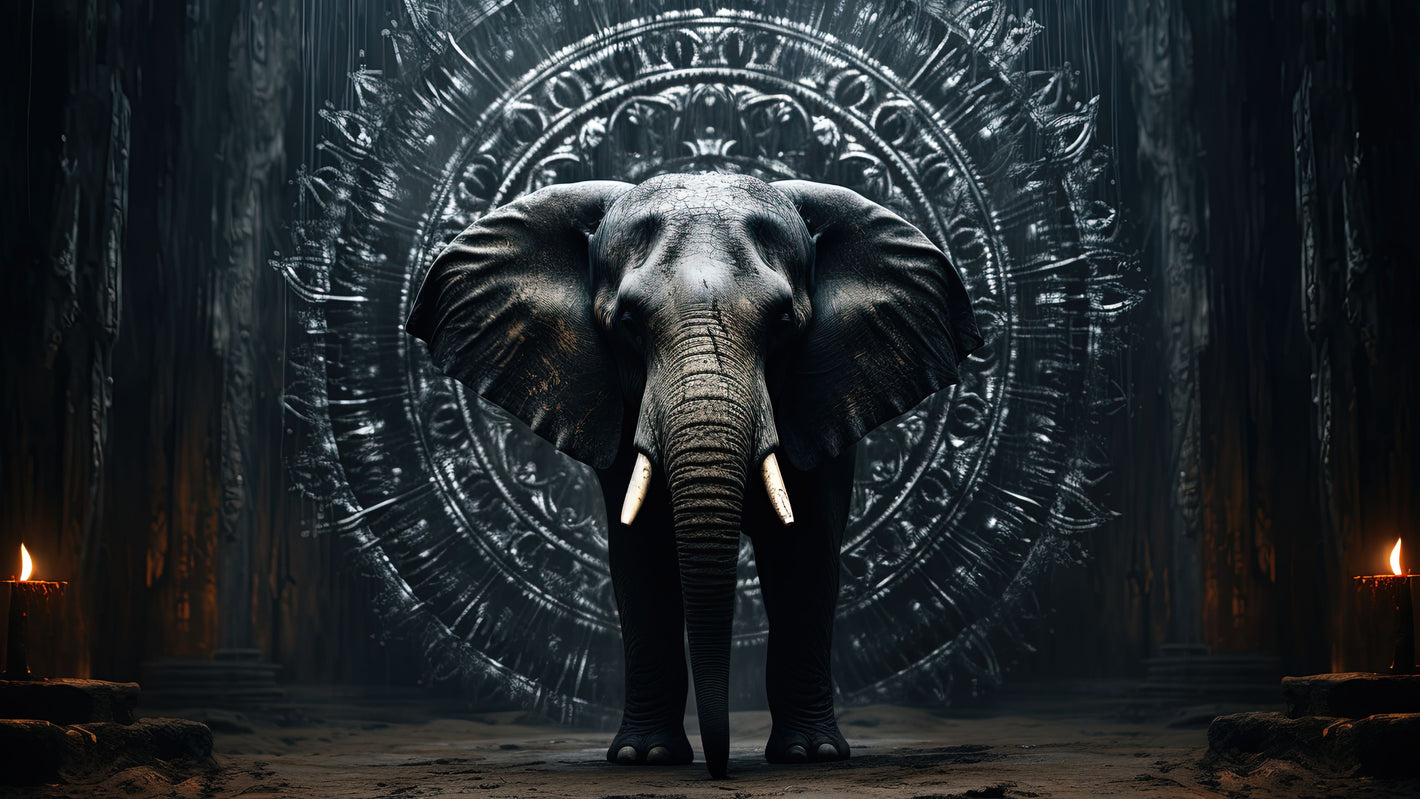 Diamond paint af elefant foran rund tempelport. Mørkegrå nuancer. Måler 45x80 cm