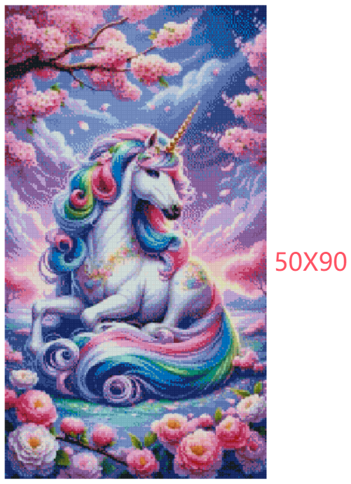 Diamond painting af en hvid enhjørning med regnbuefarvet manke omgivet af lyserøde træer. Mål: 50x90 cm.