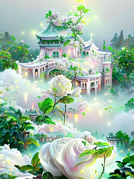 Diamond paint i grønne og hvide nuancer.
Slot med rosenbuskads omkring.
Mål: 45x80 cm.