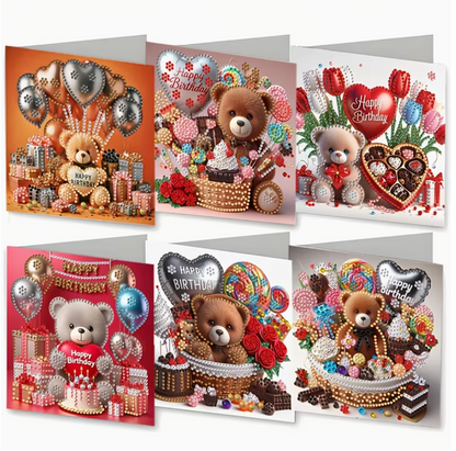 Diamond paint kort med bamser og balloner - 6 stk fødselsdagsmotiver.