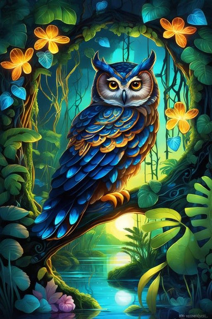 Diamond painting af en ugle på gren omgivet af grønne grene og blomster.
