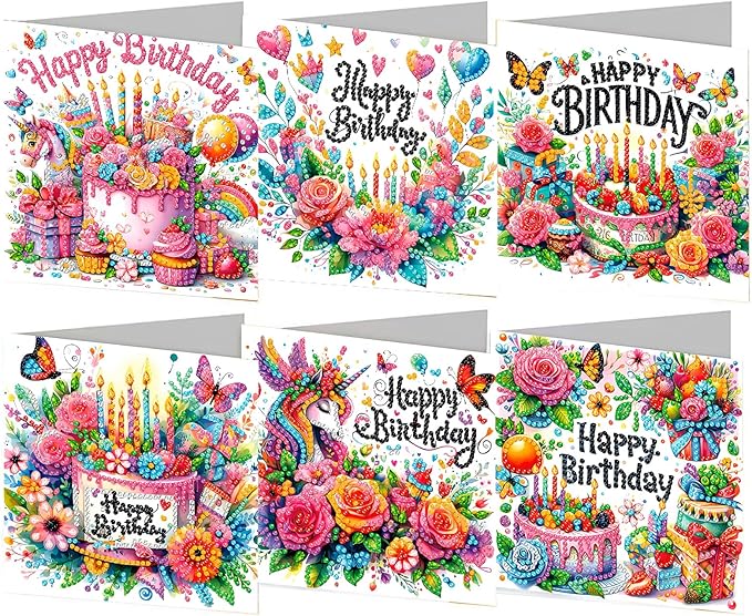 6 stk forskellige fødselsdagskort med diamond paint. Måler 30x15 cm. Skal foldes på midten.