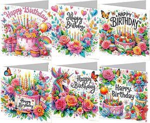 6 stk forskellige fødselsdagskort med diamond paint. Måler 30x15 cm. Skal foldes på midten.