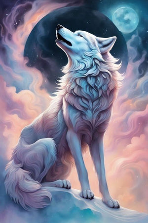 Diamond paint med hvid ulv. Lyserøde skyer og måne i baggrunden.