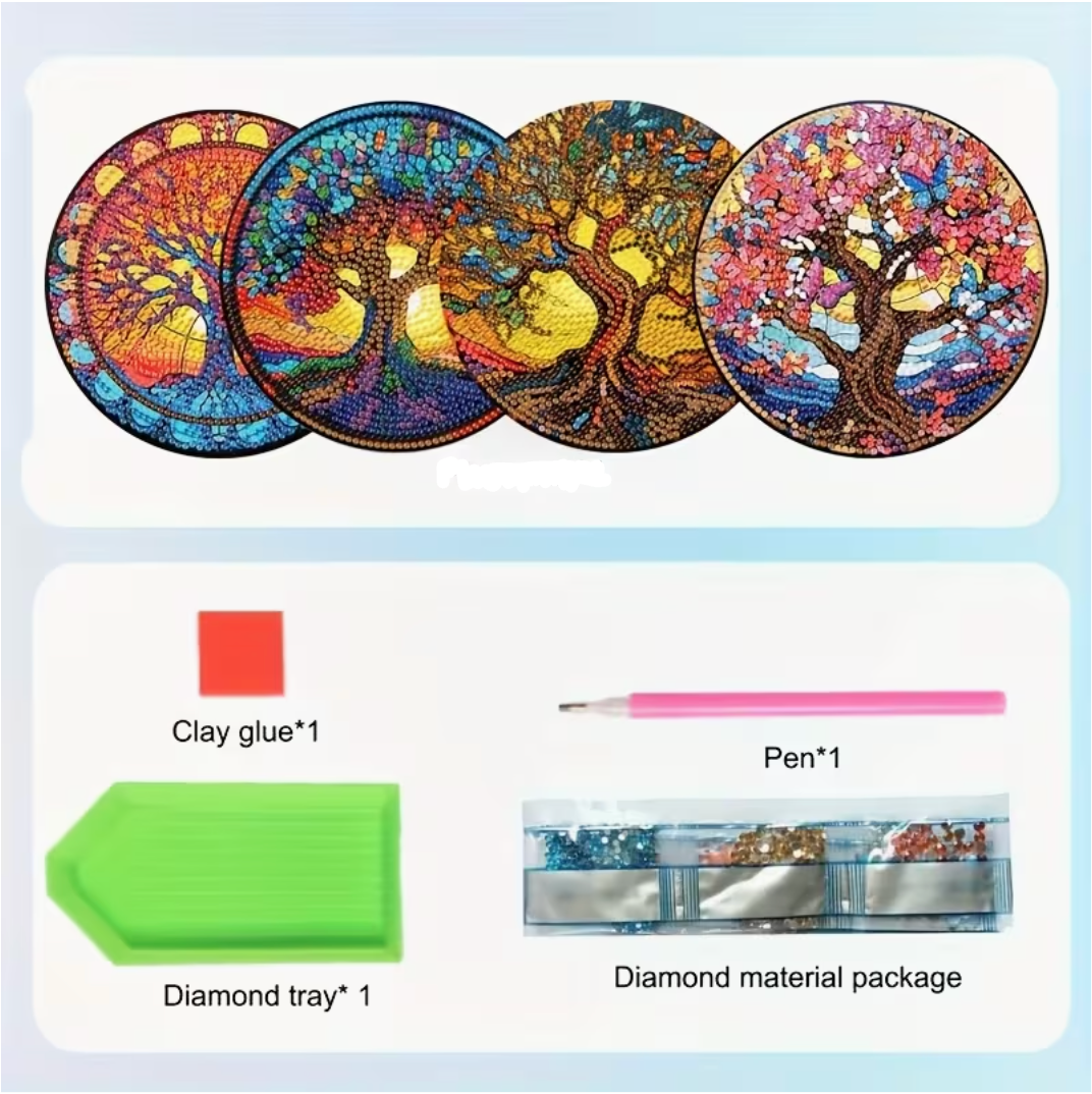 4 stk diamond painting bordskånere med træer. Indeholder: Perler, voks, bakke og pen og bordskånere med lim.