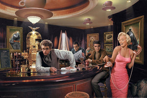 Diamond paint med Marilyn Monroe, Elvis og Jamed Dean på bar.