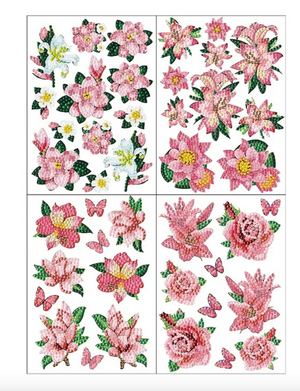 Diamond paint med lyserøde blomster og sommerfugle. 4 ark med forskellige blomster.