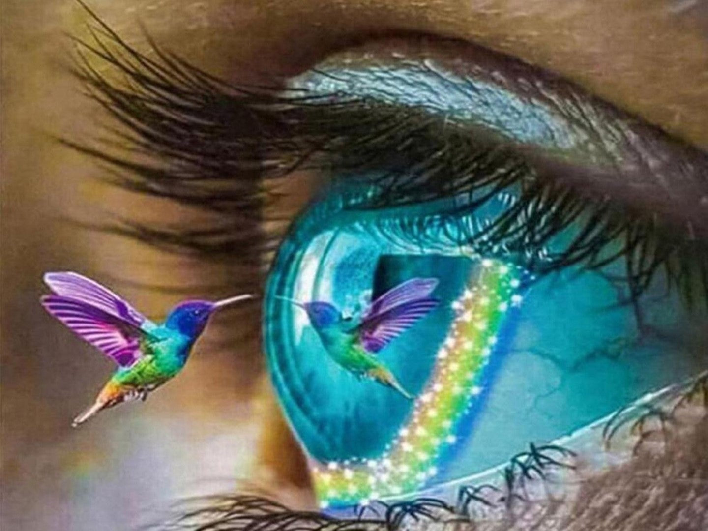 Diamond paint af en kolibri, der sværmer foran et øje med regnbueiris.