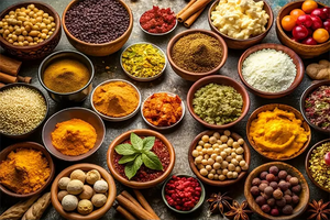 Diamond paint med 50 eller 100 farver. Farverige krydderier i små skåle.