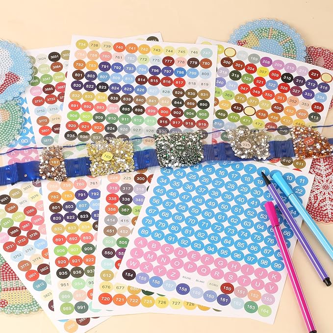 Nummererede labels til diamond painting eller broderi. Runde med farvekoder.