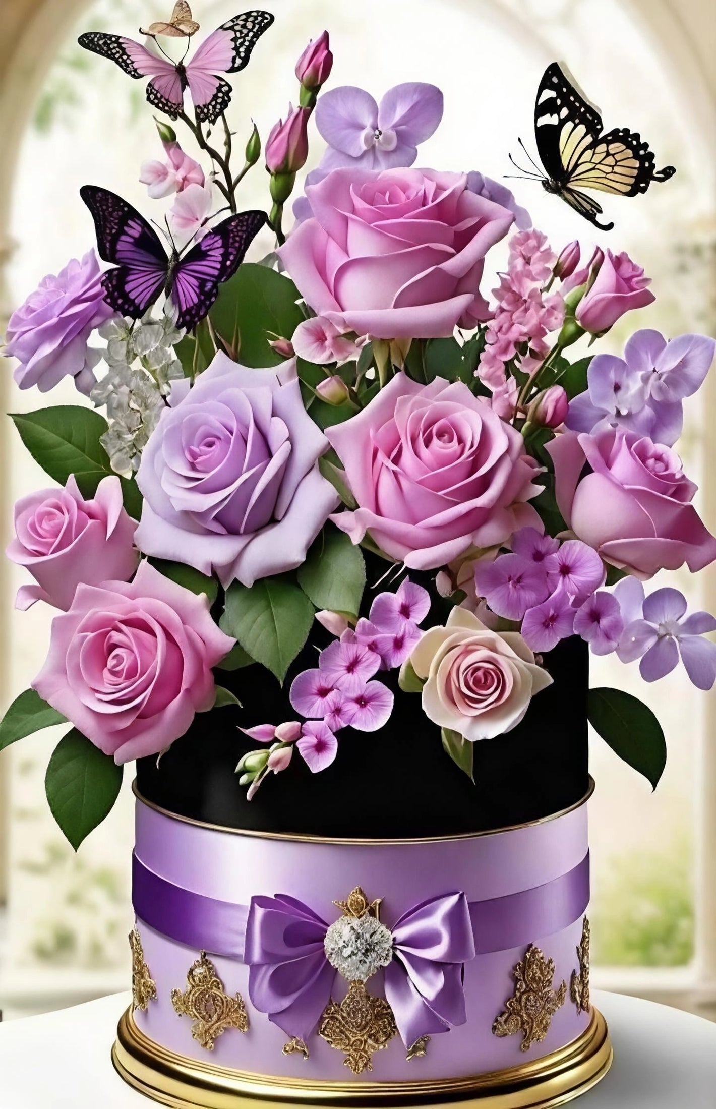 Diamond painting med AB-sten. Lilla blomsterbuket i dekorativ vase.
