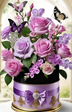 Diamond painting med AB-sten. Lilla blomsterbuket i dekorativ vase.