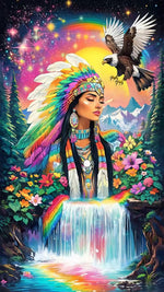 Diamond paint med AB-sten. Indfødt amerikansk pige omgivet af symbolik. Klare farver.
