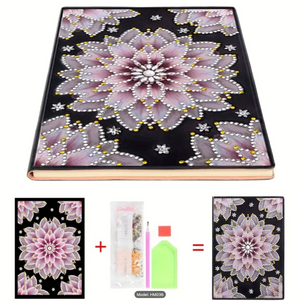 Notesbog med lyserød blomst. Diamond painting kit med alt inkluderet.