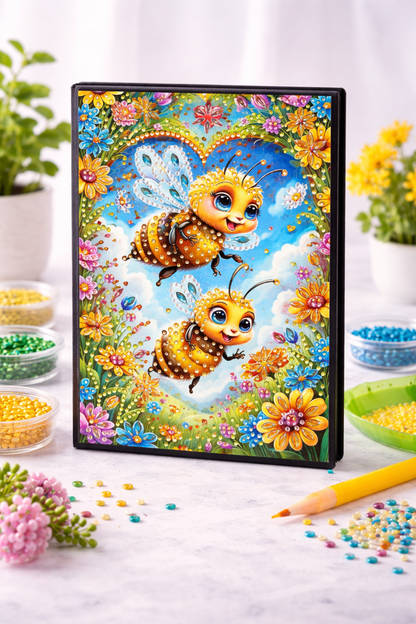 Diamond painting notesbog med to bier omgivet af blomster. Perfekt til ørn.