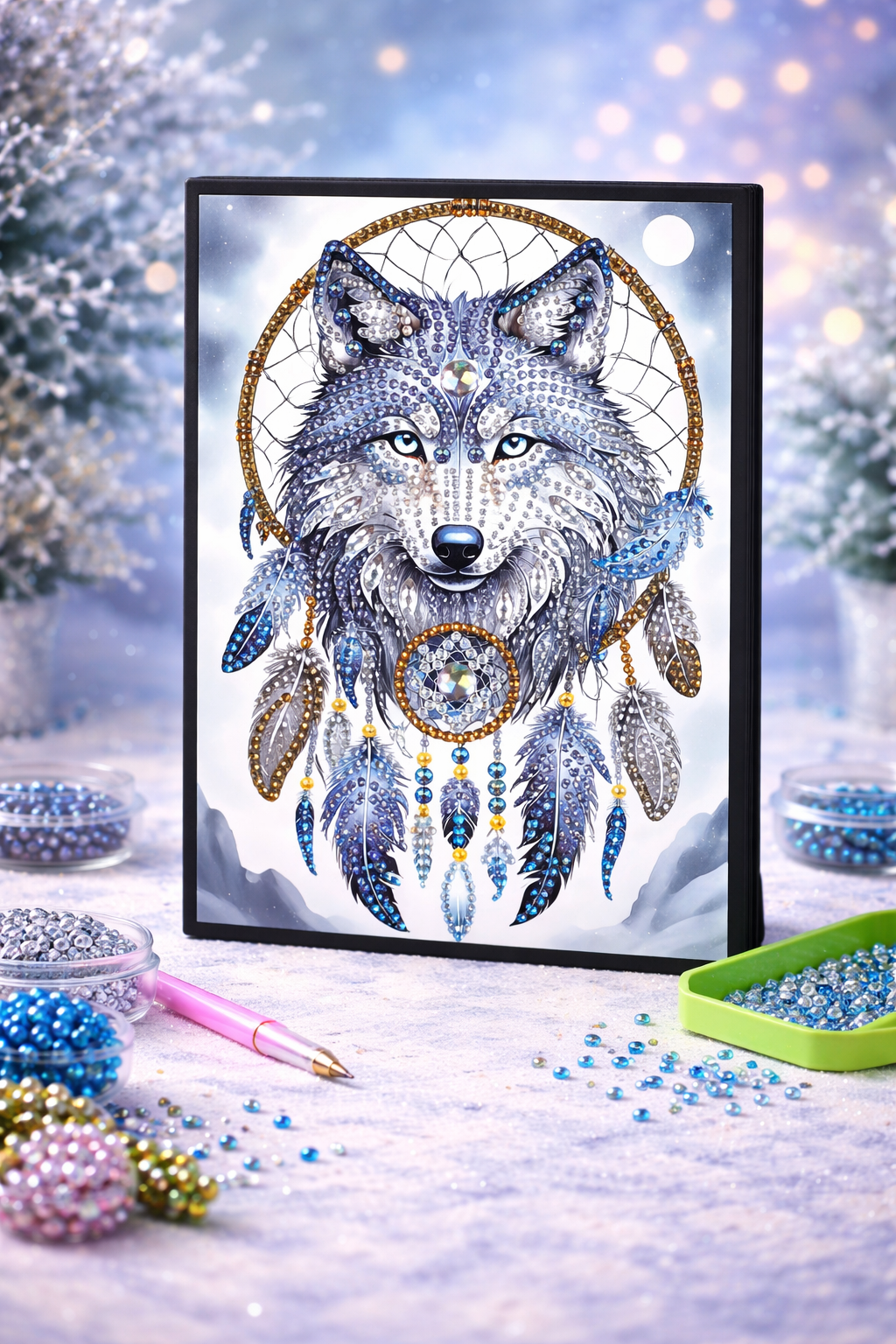 Diamond art notesbog med ulv og drømmefanger.