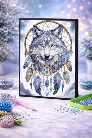 Diamond art notesbog med ulv og drømmefanger.