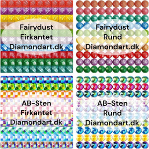 Oversigt over forskellen på Fairy Dust og AB-sten til diamond painting.
