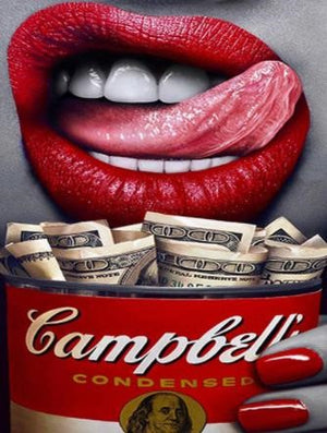 Diamond paint med pop art-udtryk: røde læber, penge og Campbell’s-dåse. 