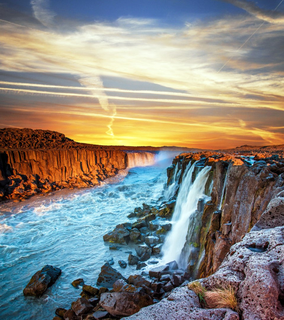 Natur, Landskab, Vandfald, Klipper, Bjerge, Solopgang, Solnedgang, Vand, Flod, Himmel, Skyer